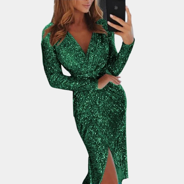 Women's Sequin Long-Sleeve V-Neck Cocktail Party Dress Front Split