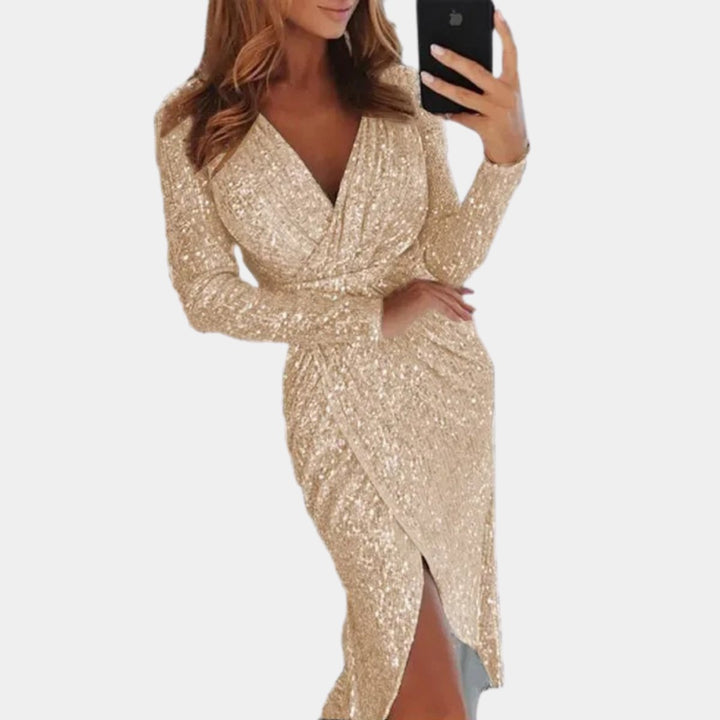 Women's Sequin Long-Sleeve V-Neck Cocktail Party Dress Front Split