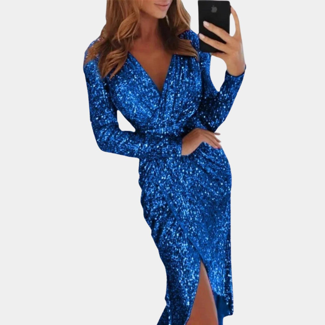 Women's Sequin Long-Sleeve V-Neck Cocktail Party Dress Front Split