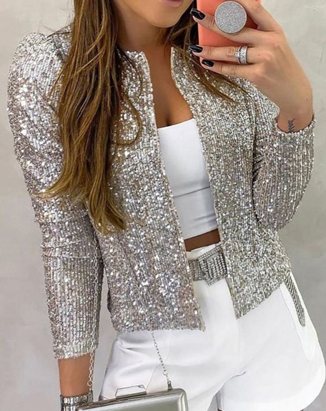 Women's Sequin Open Front Sparkle Party Jacket - Silver