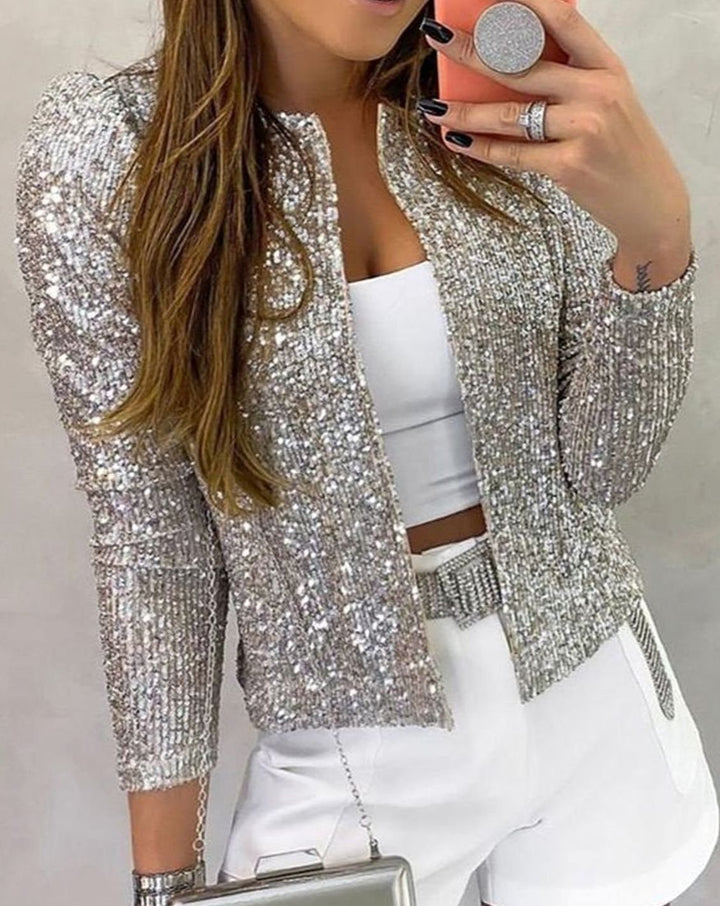 Women's Sequin Open Front Sparkle Party Jacket - Silver