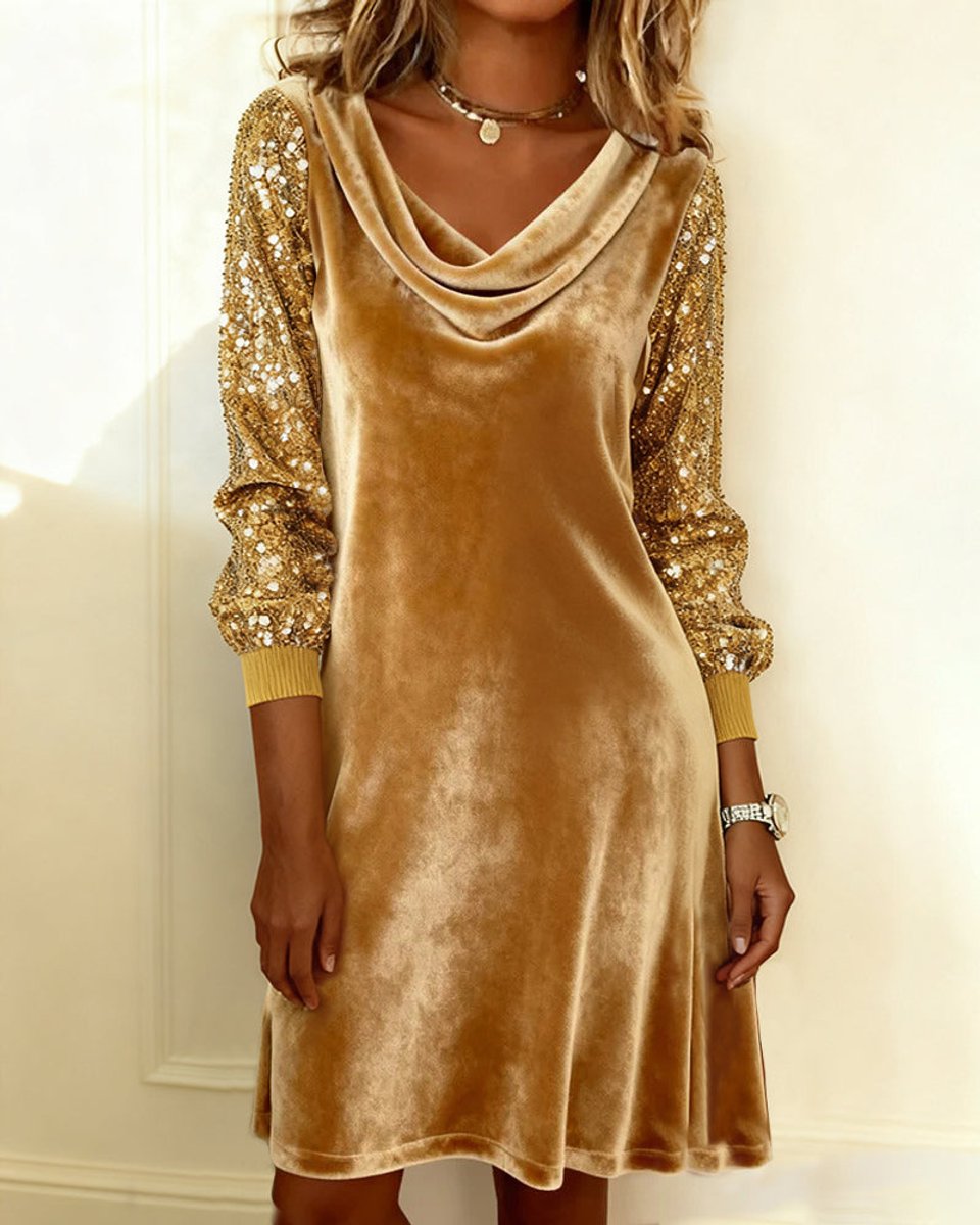Women's Sequin Sleeve Cowl-Neck Velvet Party Dress - Gold