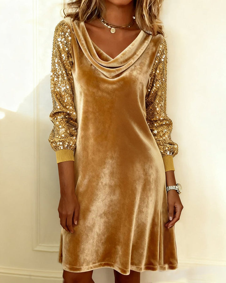 Women's Sequin Sleeve Cowl-Neck Velvet Party Dress - Gold