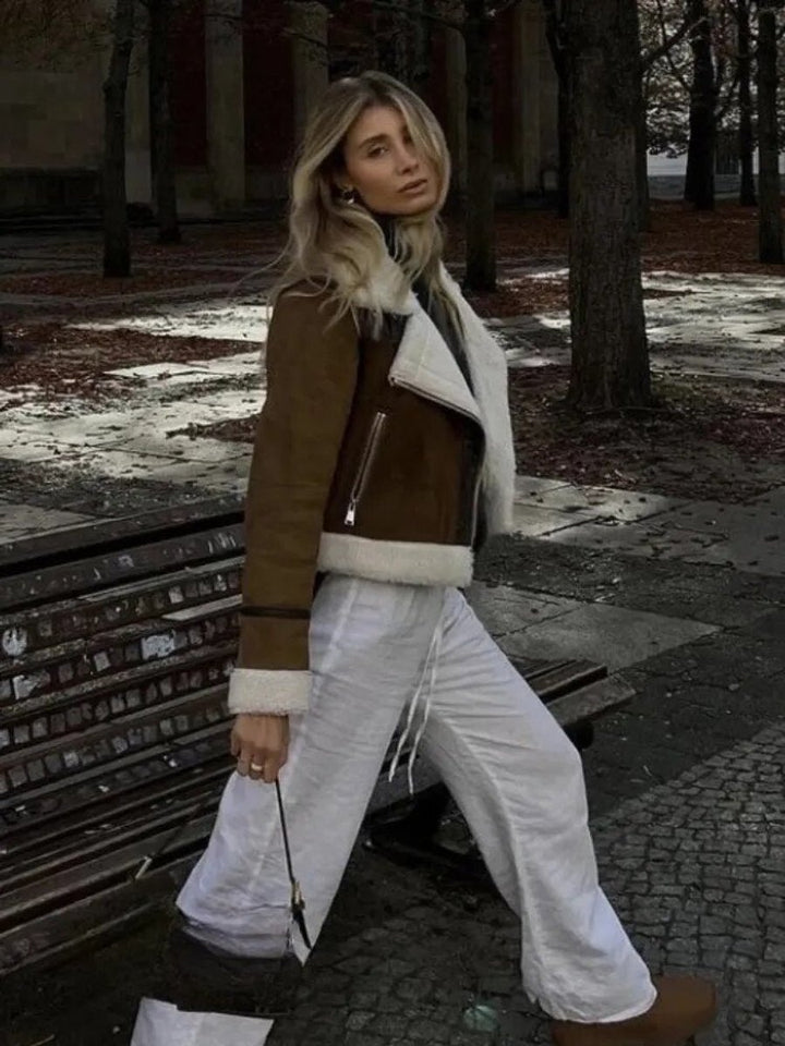 Women's Shearling Faux Fur Coat Cropped Aviator Jacket