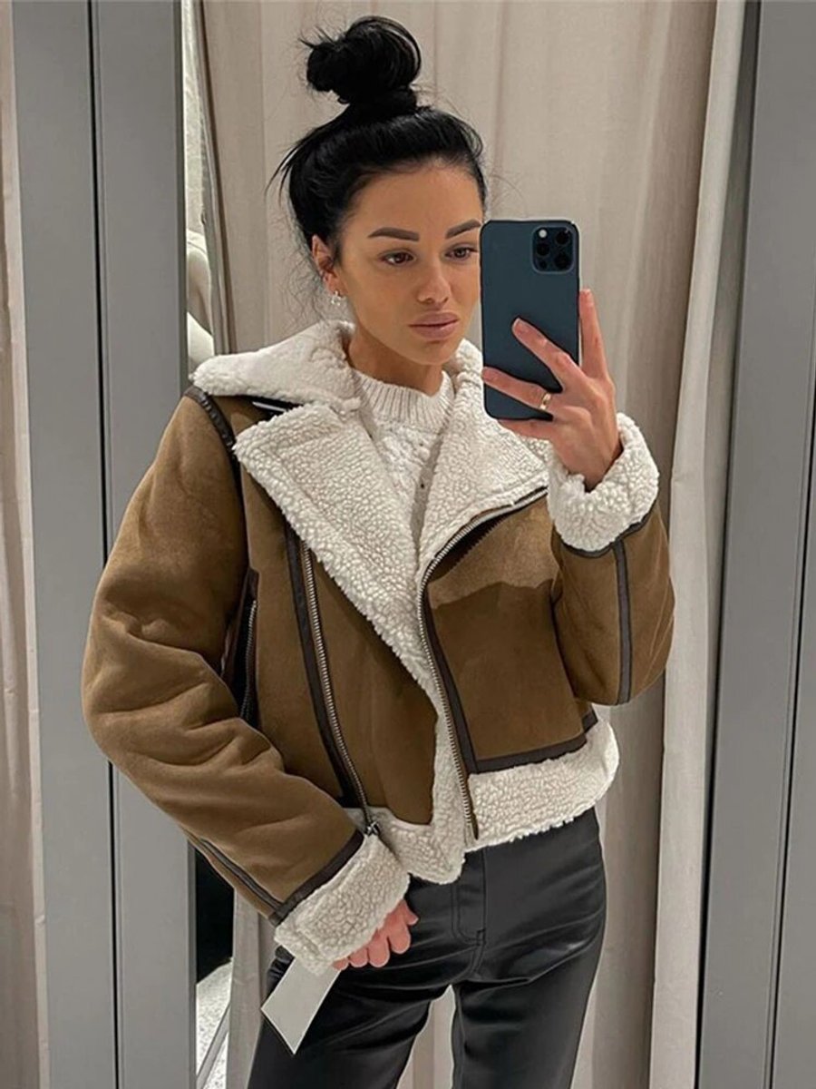 Women's Shearling Faux Fur Coat Cropped Aviator Jacket