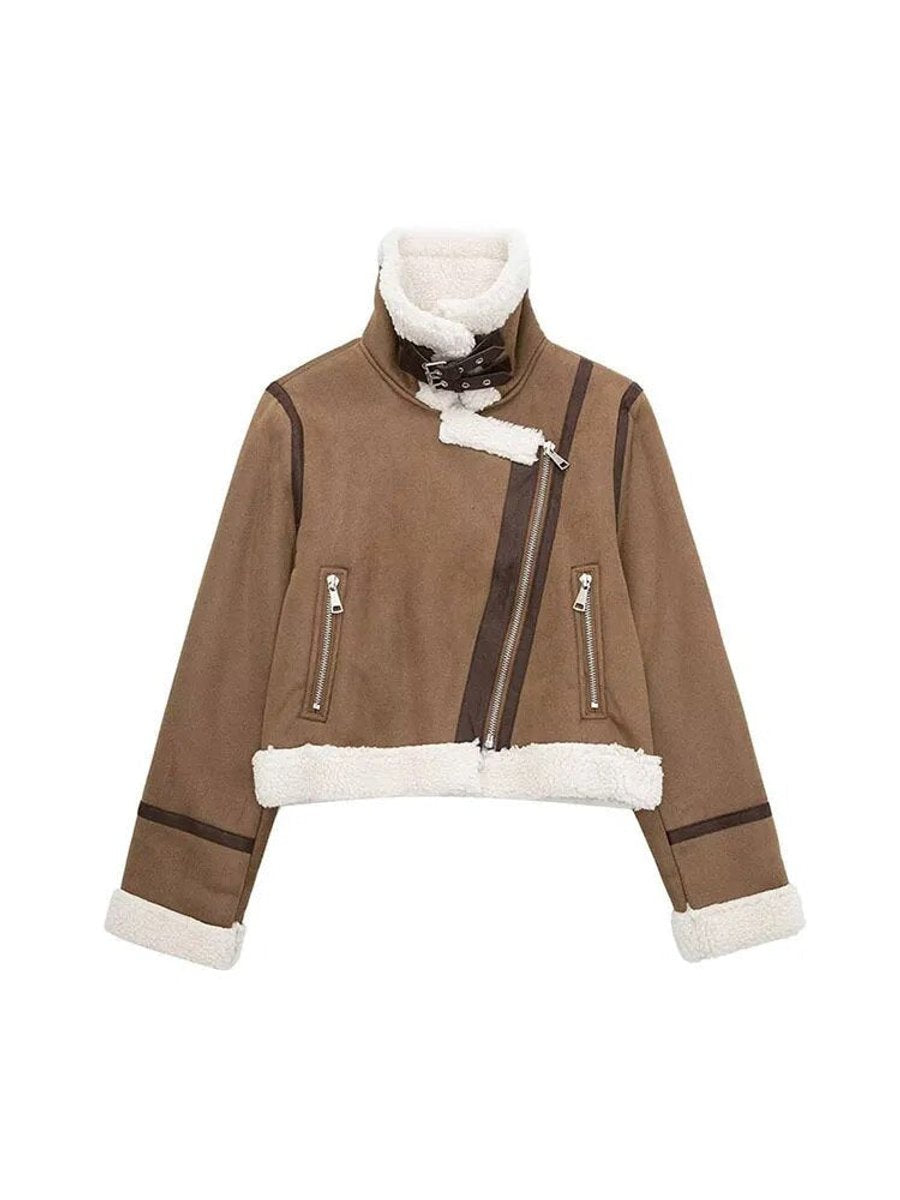 Women's Shearling Faux Fur Coat Cropped Aviator Jacket