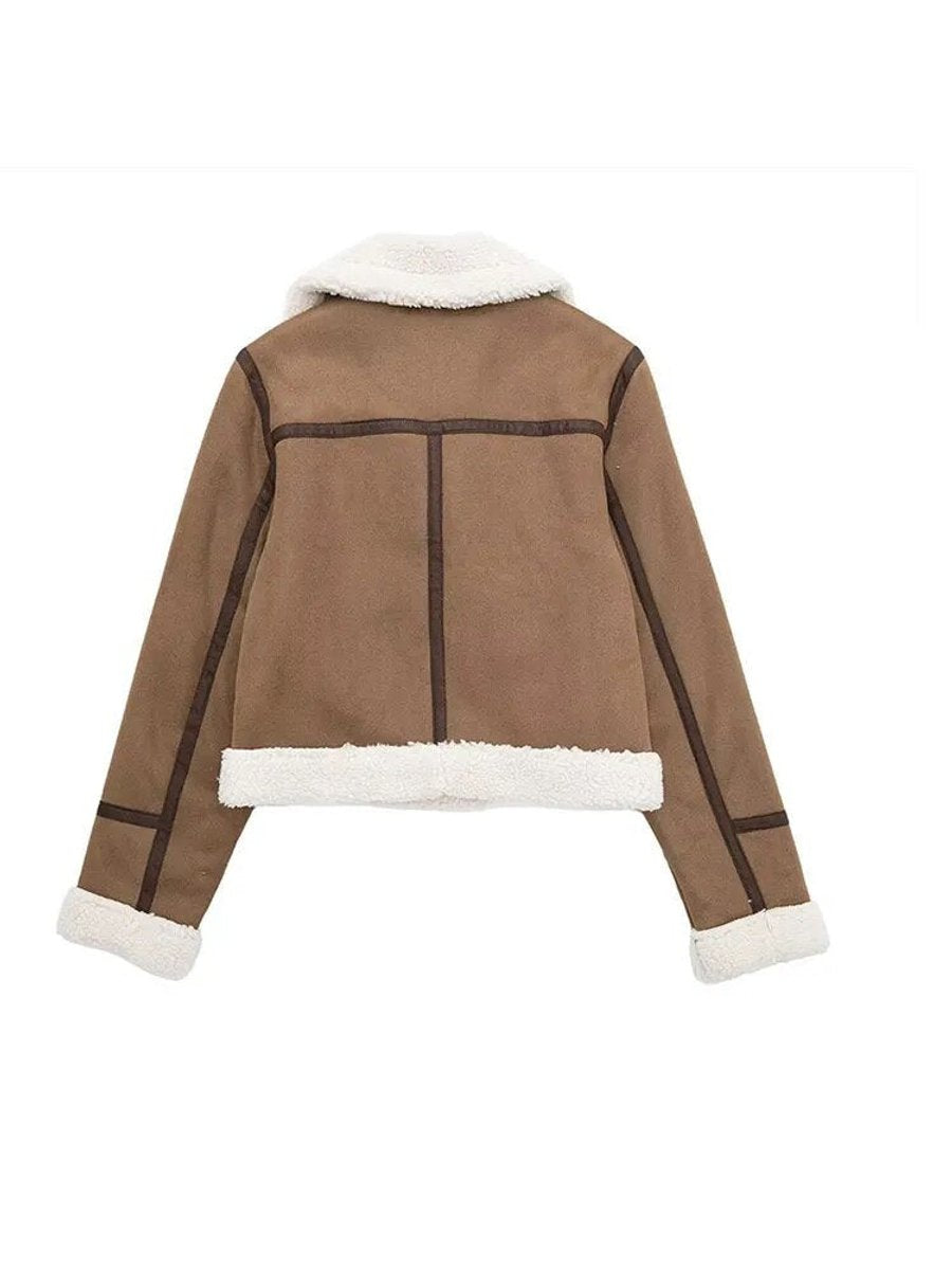 Women's Shearling Faux Fur Coat Cropped Aviator Jacket
