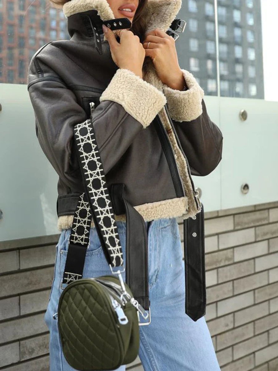 Women's Sherpa-Lined Faux Fur Coat Hooded Aviator Jacket