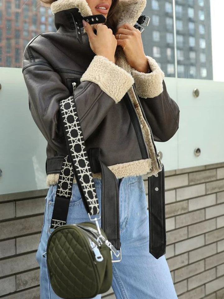 Women's Sherpa-Lined Faux Fur Coat Hooded Aviator Jacket