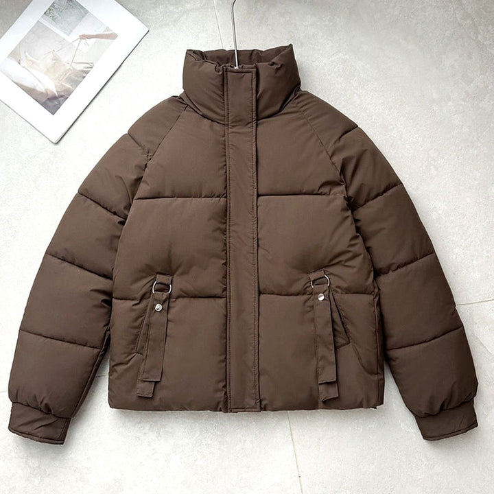 Women's Short Boxy-Cut High-Neck D-Ring Puffer Jacket - Brown