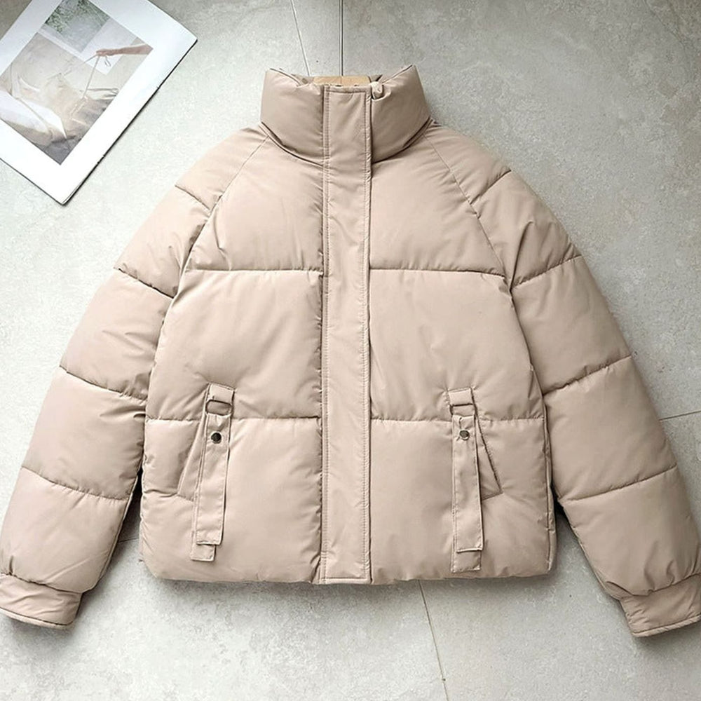 Women's Short Boxy-Cut High-Neck D-Ring Puffer Jacket - Khaki