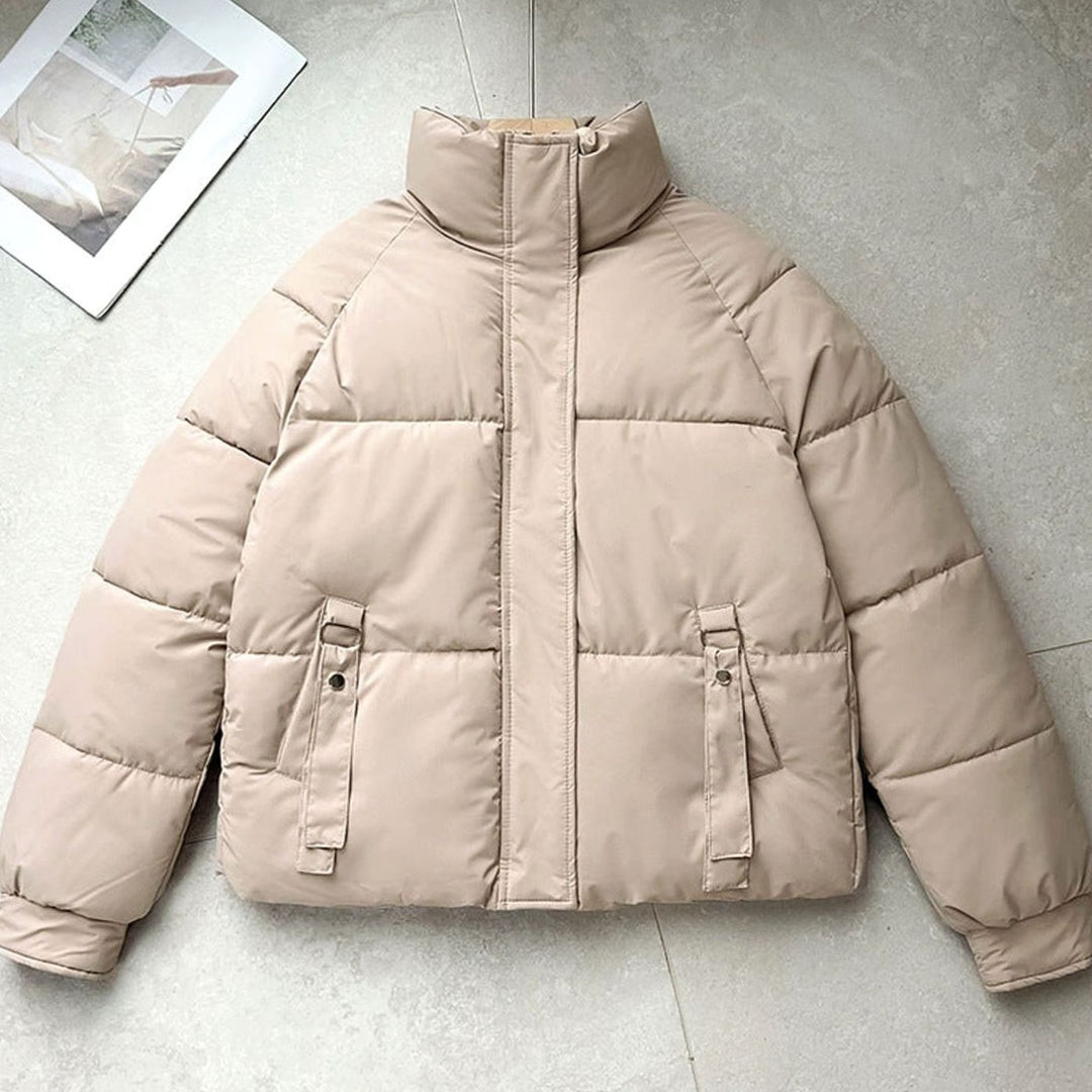 Women's Short Boxy-Cut High-Neck D-Ring Puffer Jacket - Khaki