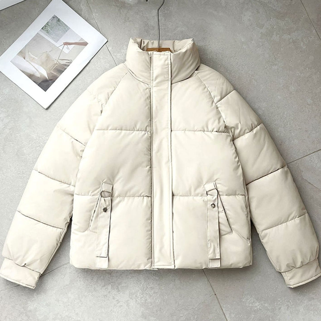 Women's Short Boxy-Cut High-Neck D-Ring Puffer Jacket - Milk Tea