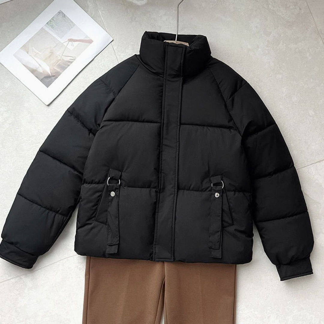 Women's Short Boxy-Cut High-Neck D-Ring Puffer Jacket - Black