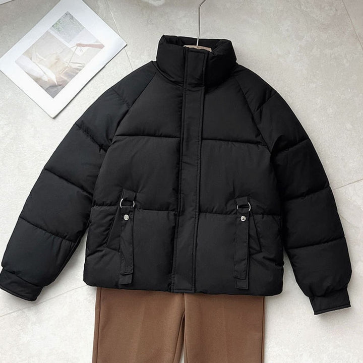Women's Short Boxy-Cut High-Neck D-Ring Puffer Jacket - Black