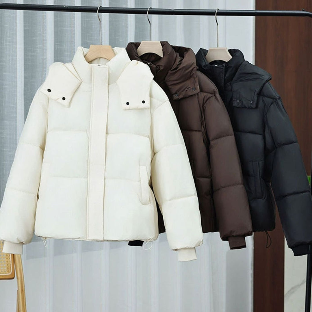 Women's Short Boxy Hooded Quilted Puffer Jacket Removable Collar