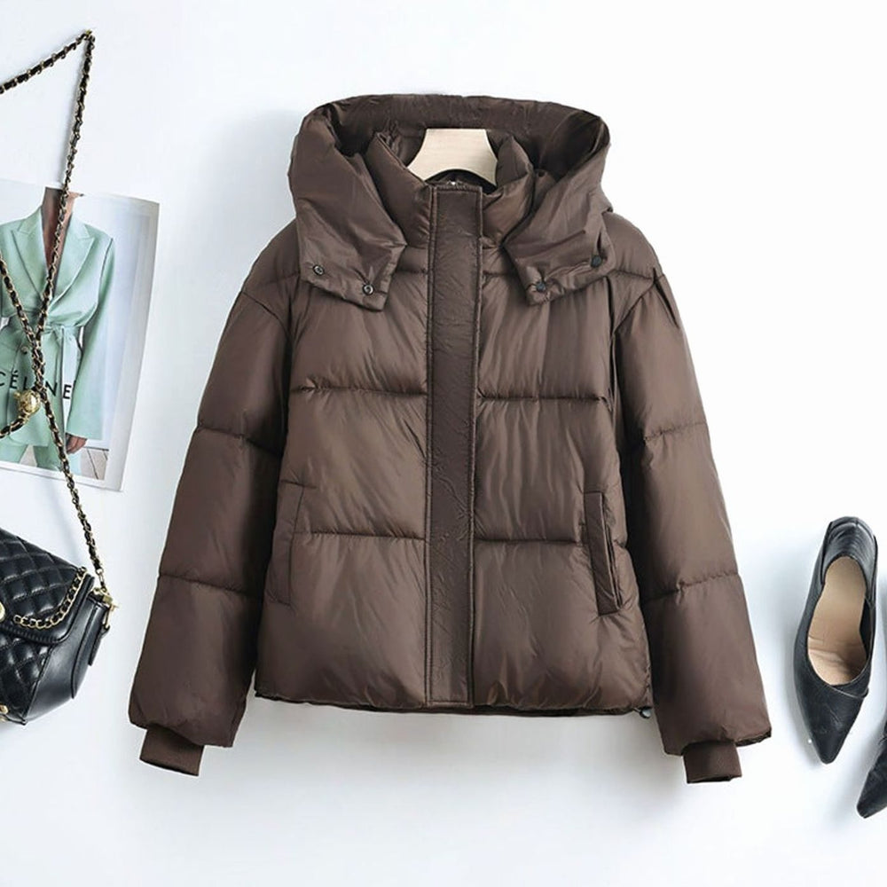 Women's Short Boxy Hooded Quilted Puffer Jacket Removable Collar - Brown