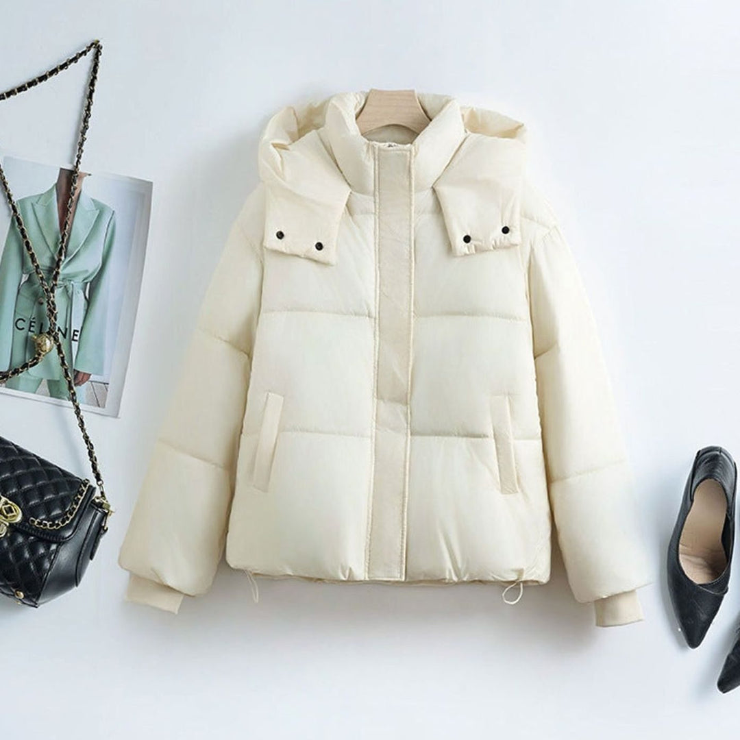 Women's Short Boxy Hooded Quilted Puffer Jacket Removable Collar - Off-White