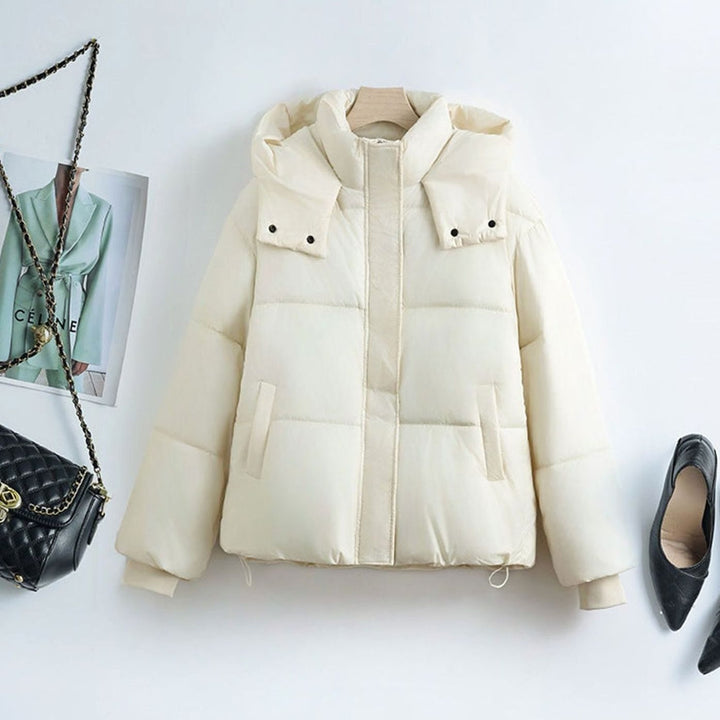 Women's Short Boxy Hooded Quilted Puffer Jacket Removable Collar - Off-White