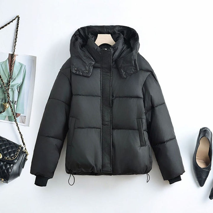 Women's Short Boxy Hooded Quilted Puffer Jacket Removable Collar - Black