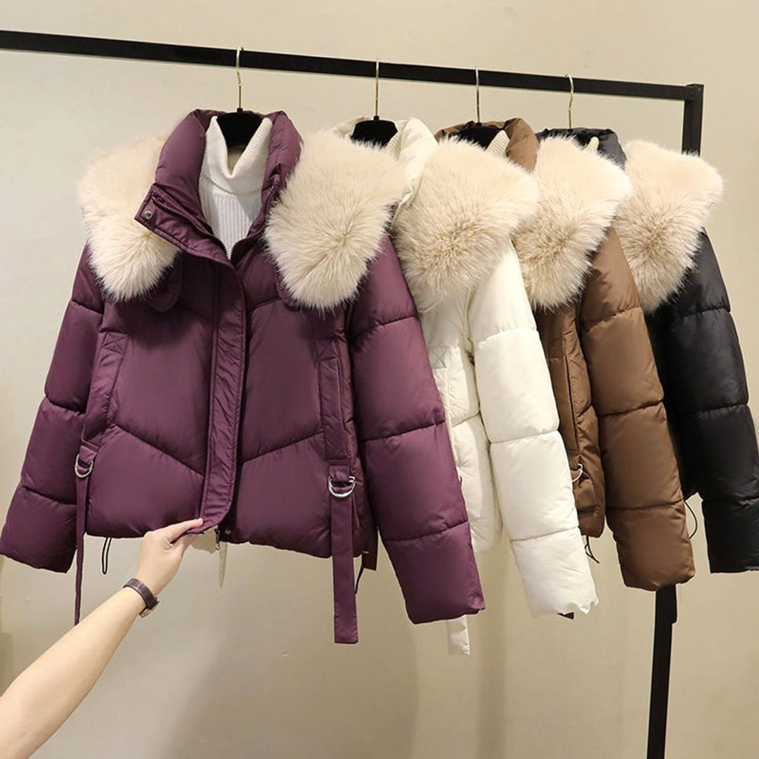 Women's Short Faux Fur Collar Belted Puffer Jacket