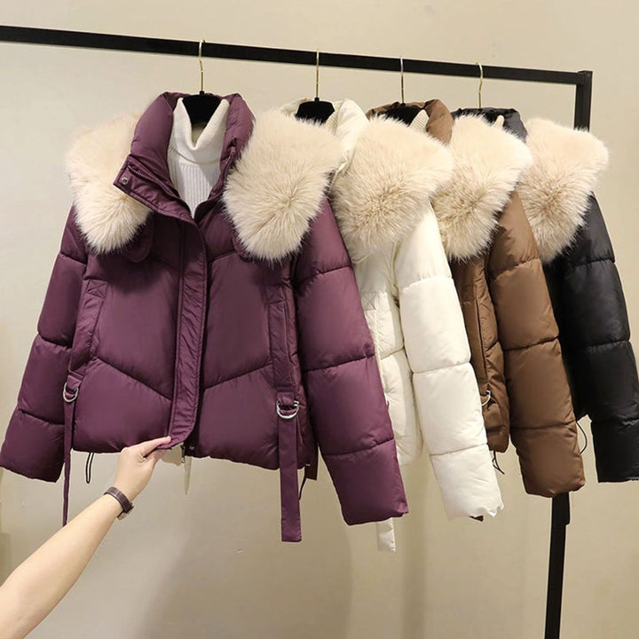Women's Short Faux Fur Collar Belted Puffer Jacket