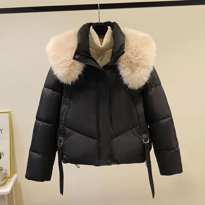 Women's Short Faux Fur Collar Belted Puffer Jacket - Black