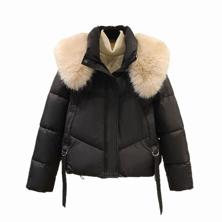 Women's Short Faux Fur Collar Belted Puffer Jacket