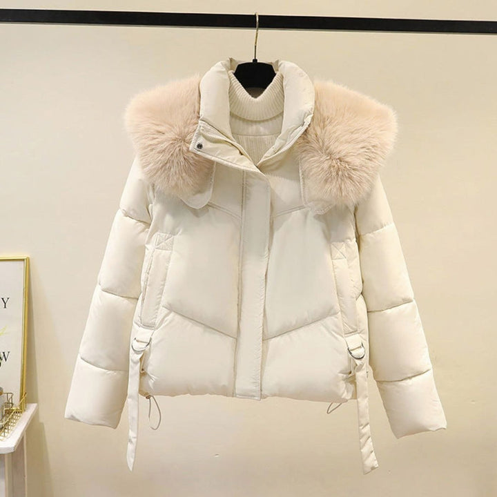 Women's Short Faux Fur Collar Belted Puffer Jacket - Off-White