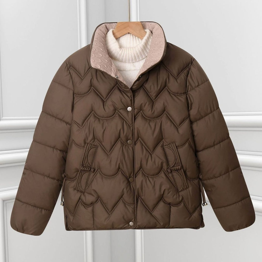 Women's Short Quilted Chevron Snap-Front Puffer Jacket - Brown