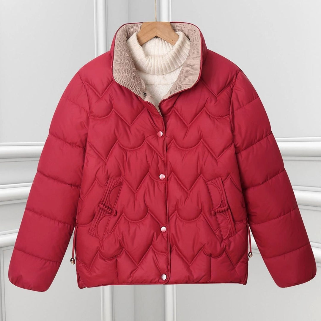 Women's Short Quilted Chevron Snap-Front Puffer Jacket - Red