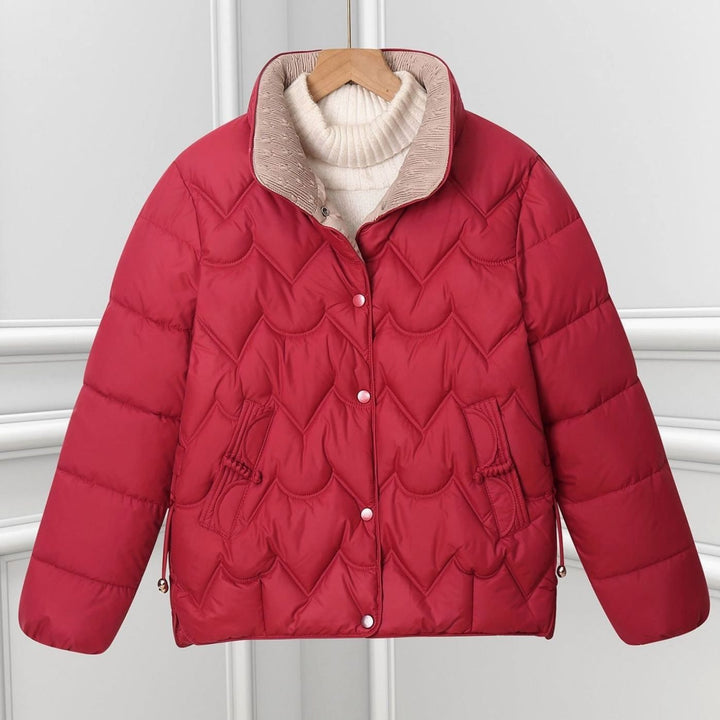 Women's Short Quilted Chevron Snap-Front Puffer Jacket - Red