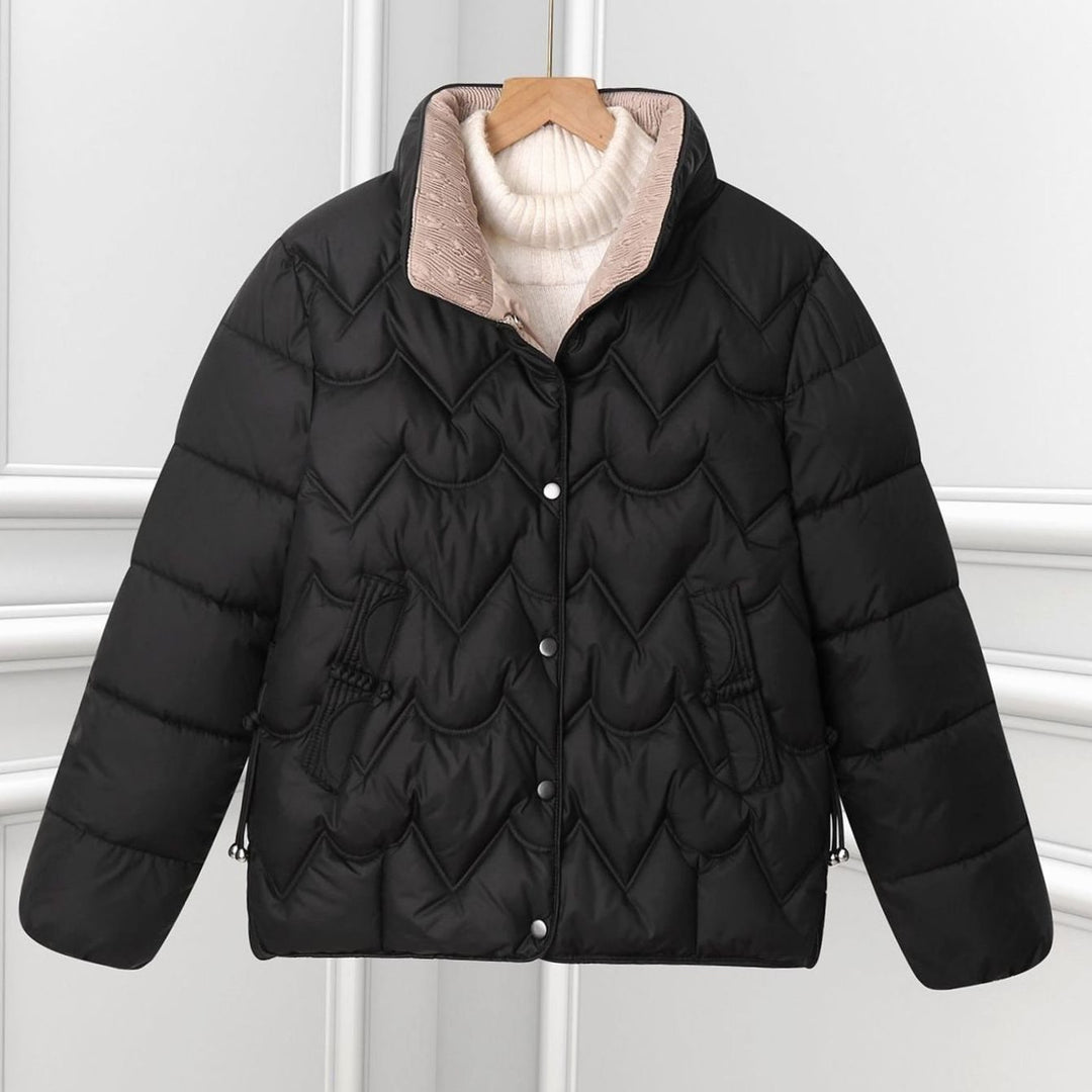 Women's Short Quilted Chevron Snap-Front Puffer Jacket - Black