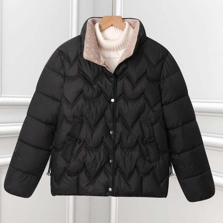 Women's Short Quilted Chevron Snap-Front Puffer Jacket - Black