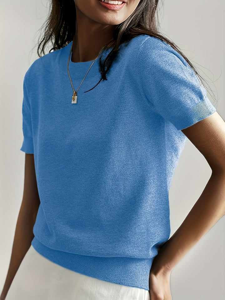 Women's Short-Sleeve Relaxed-Fit Round-Neck Knitted Sweater Top
