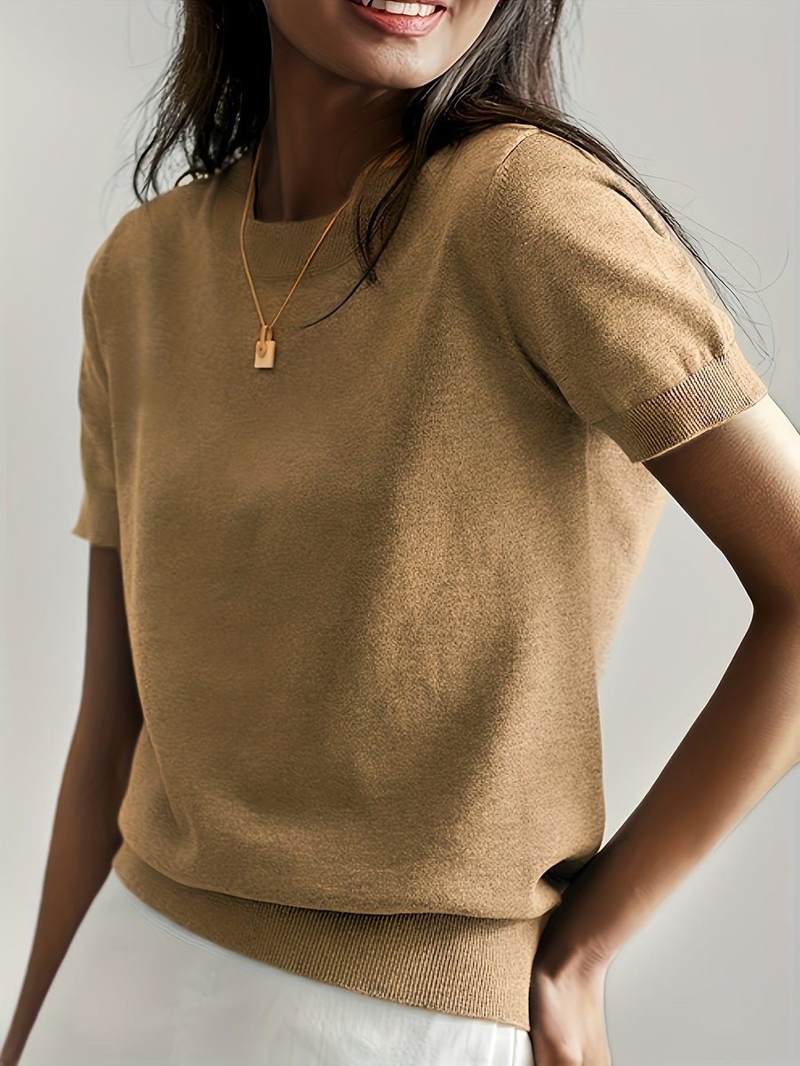 Women's Short-Sleeve Relaxed-Fit Round-Neck Knitted Sweater Top