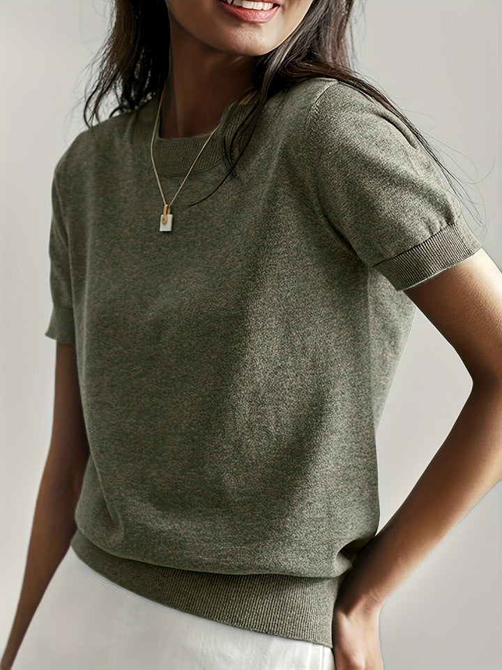 Women's Short-Sleeve Relaxed-Fit Round-Neck Knitted Sweater Top