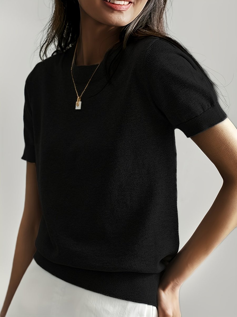 Women's Short-Sleeve Relaxed-Fit Round-Neck Knitted Sweater Top