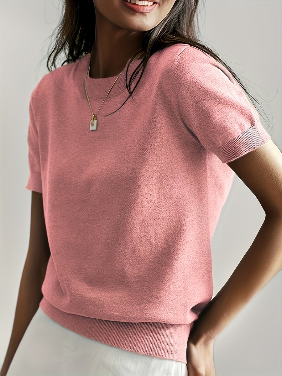 Women's Short-Sleeve Relaxed-Fit Round-Neck Knitted Sweater Top