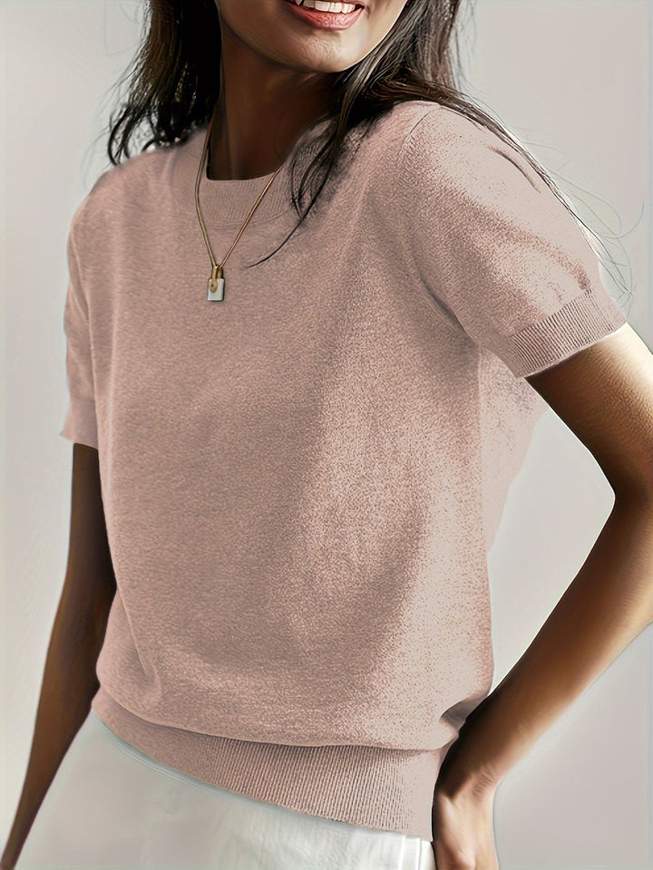 Women's Short-Sleeve Relaxed-Fit Round-Neck Knitted Sweater Top