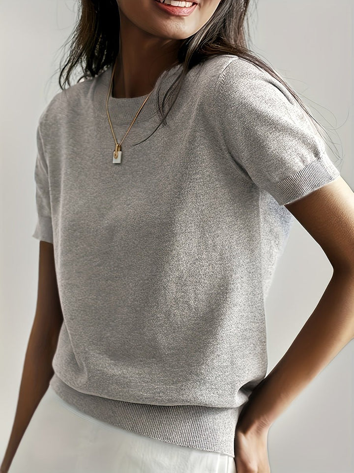 Women's Short-Sleeve Relaxed-Fit Round-Neck Knitted Sweater Top