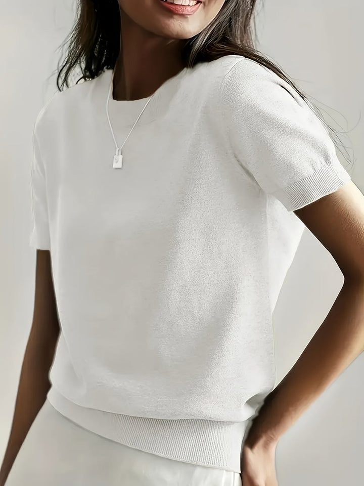 Women's Short-Sleeve Relaxed-Fit Round-Neck Knitted Sweater Top