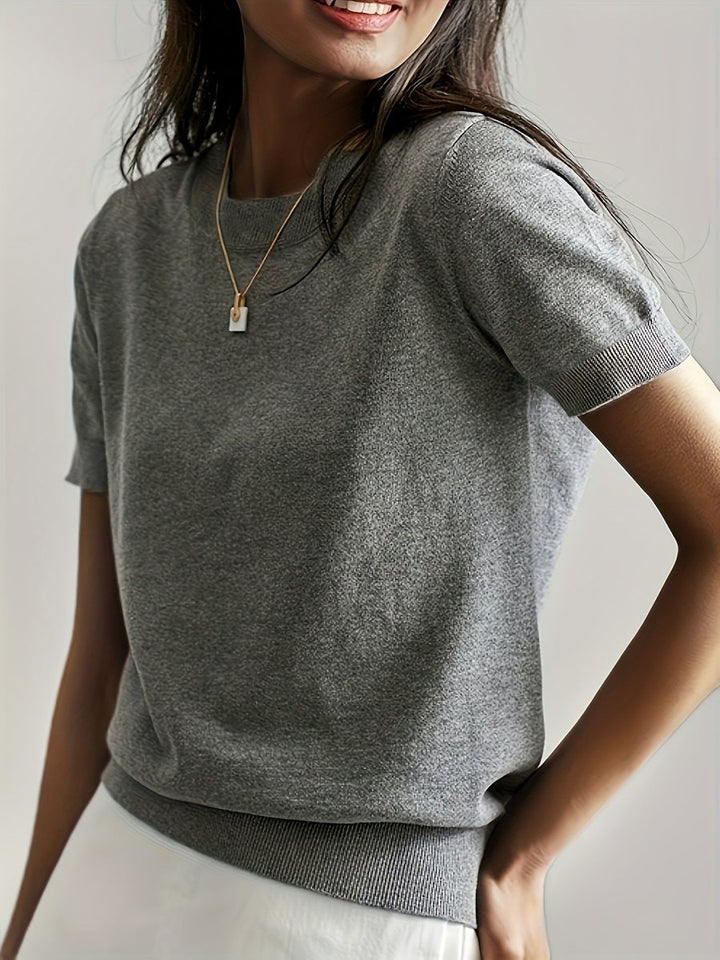 Women's Short-Sleeve Relaxed-Fit Round-Neck Knitted Sweater Top