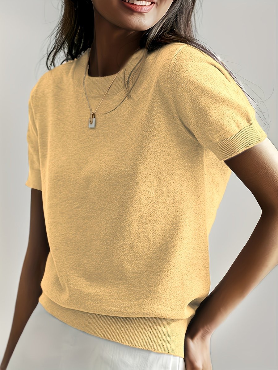 Women's Short-Sleeve Relaxed-Fit Round-Neck Knitted Sweater Top