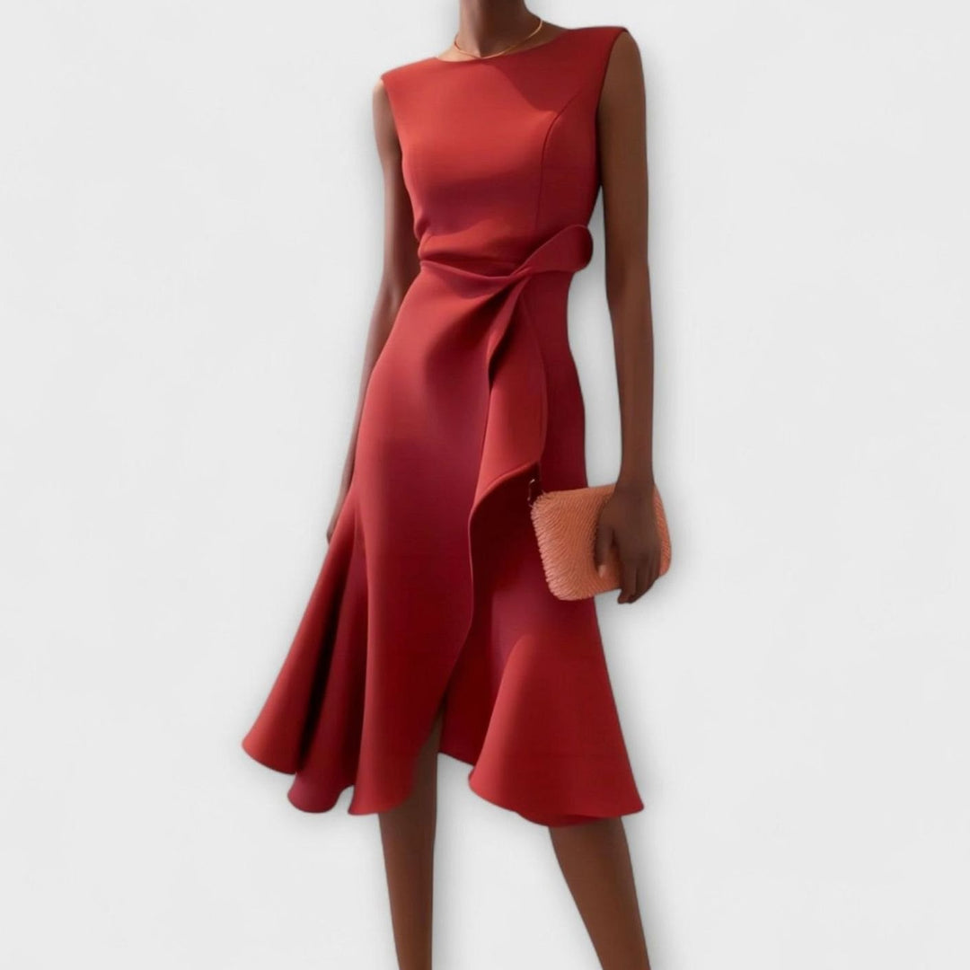 Women's Sleeveless Asymmetric Drape Flared Midi Dress - Red