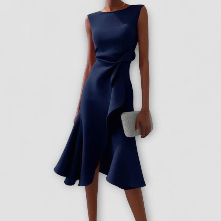 Women's Sleeveless Asymmetric Drape Flared Midi Dress - Navy Blue
