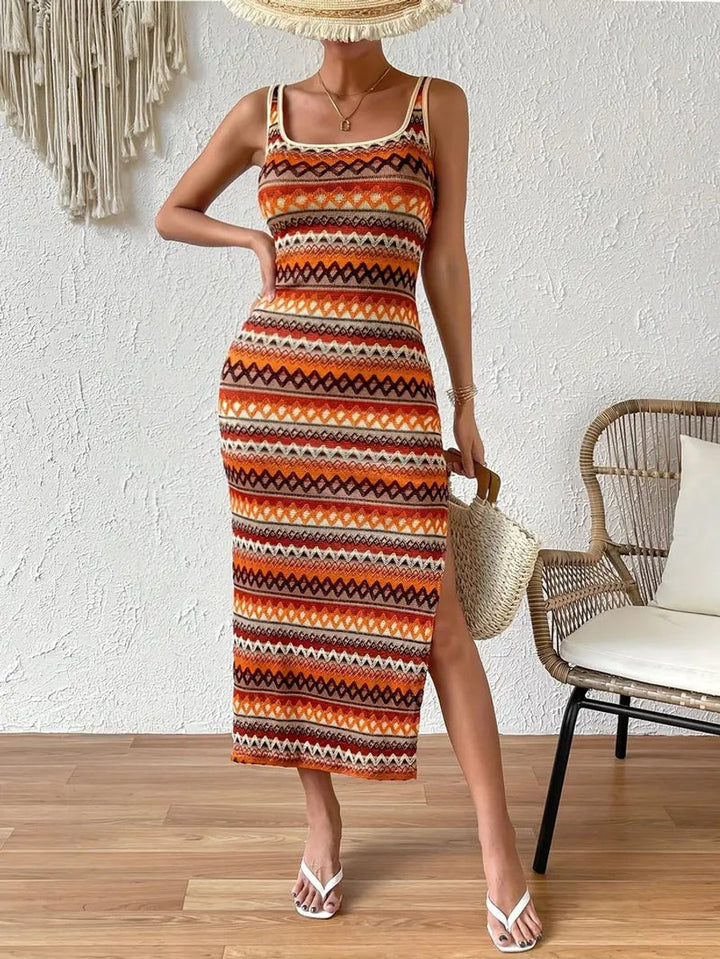 Women's Sleeveless Bodycon Aztec Striped Knitted Dress Side Split