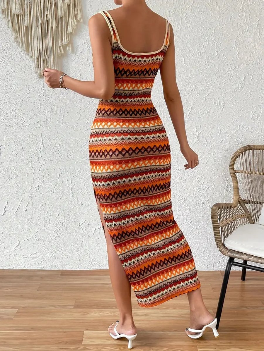 Women's Sleeveless Bodycon Aztec Striped Knitted Dress Side Split