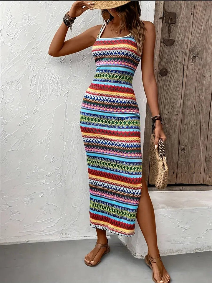 Women's Sleeveless Bodycon Aztec Striped Knitted Dress Side Split