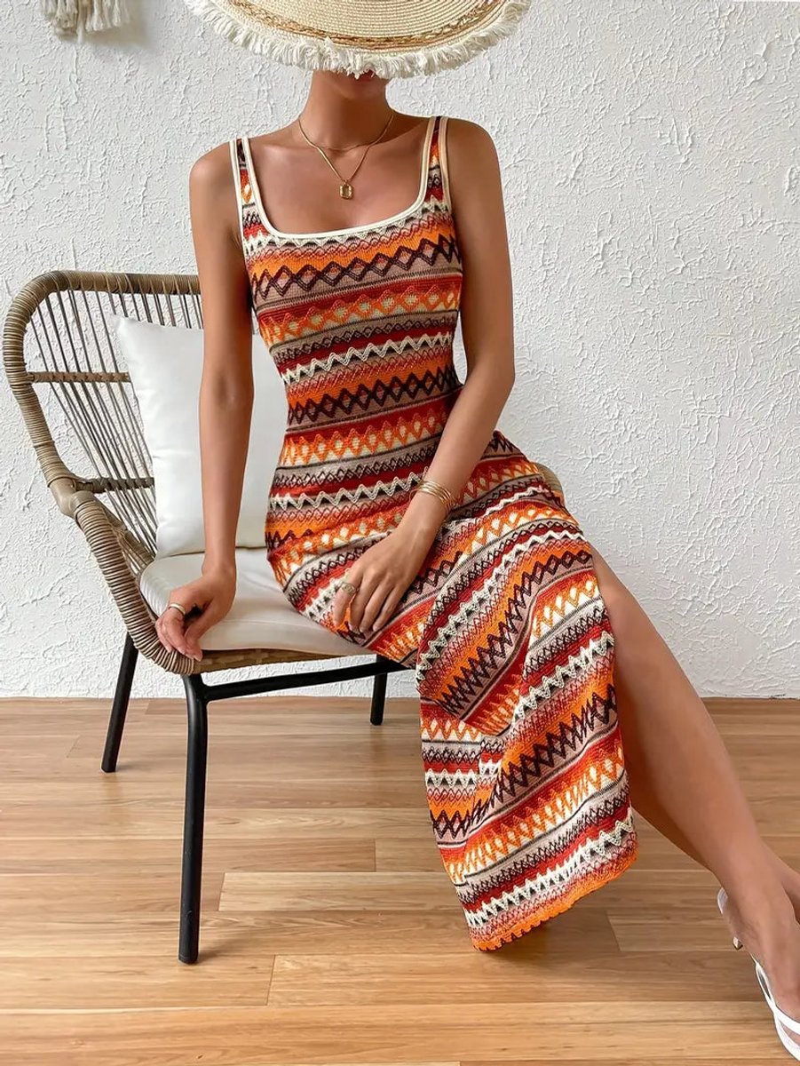 Women's Sleeveless Bodycon Aztec Striped Knitted Dress Side Split